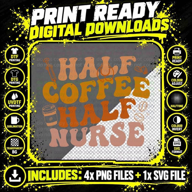 Half Coffee Half Nurse Groovy Colors Rn Lpn Medical Png SVG Digital Bundle