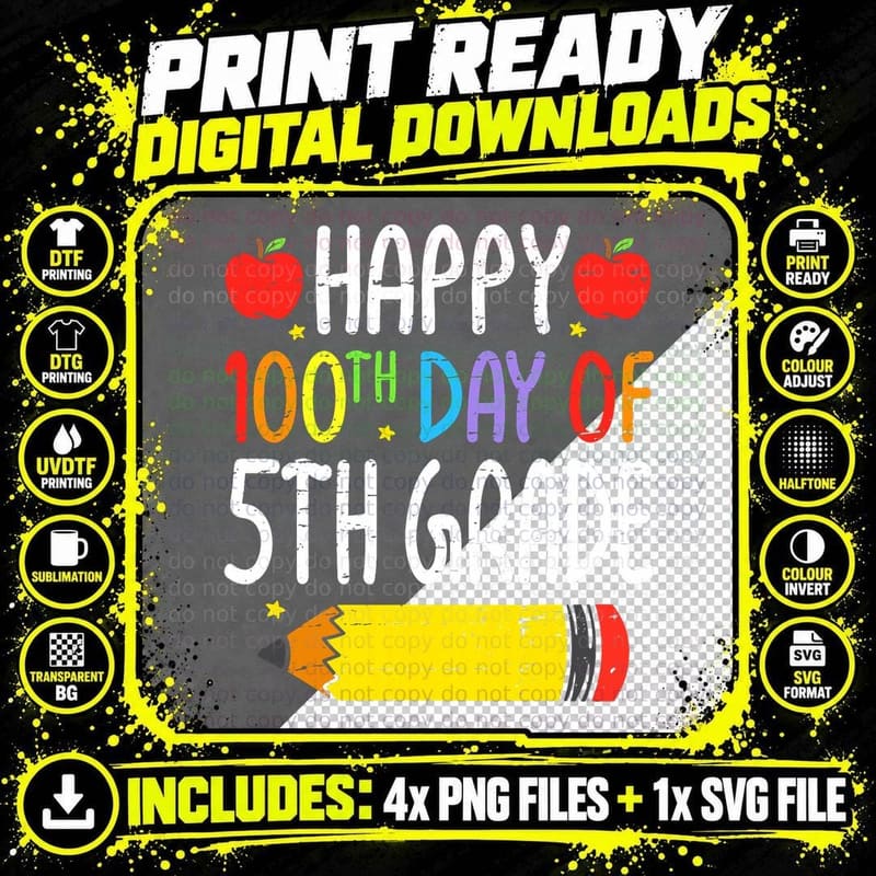 Happy 100th Day of Fifth Grade T-Shirt Png SVG Digital Bundle