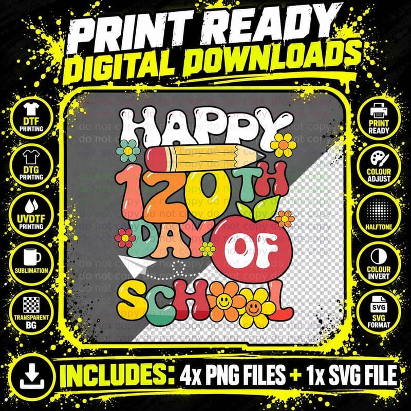 Happy 120th Day of School Teacher Kids Retro Groovy 120 Png SVG Digital Bundle