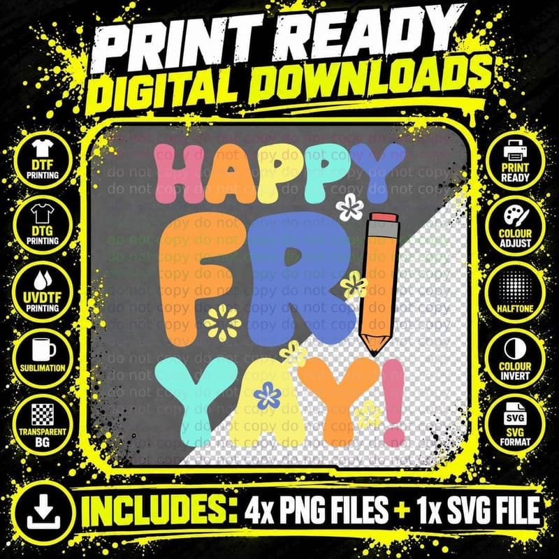 Happy Fri-YAY! Teacher Friday Fun Pencil School Groovy Png SVG Digital Bundle