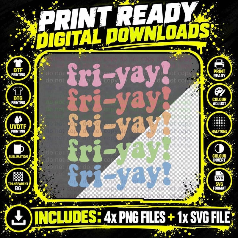 Happy Fri-Yay Friday Lovers Colorful Weekend Teacher Png SVG Digital Bundle