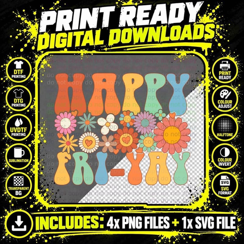 Happy Fri-Yay Friday Lovers Fun Teacher Groovy Gift Png SVG Digital Bundle
