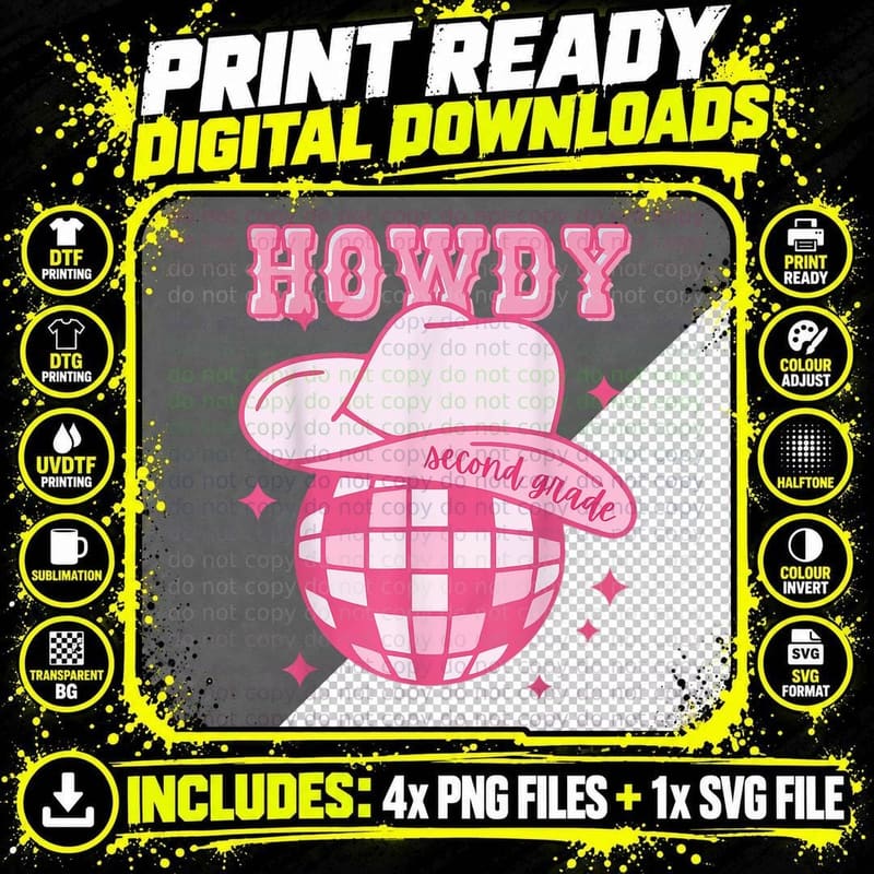 Howdy Second Grade Disco Cowboy Back to School Teacher Png SVG Digital Bundle