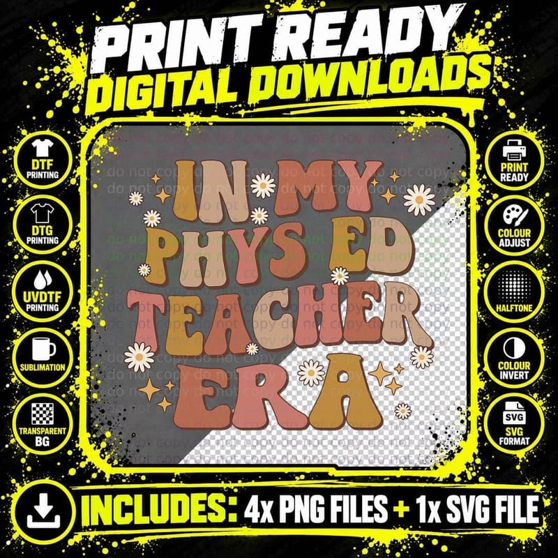 In My Phys Ed Teacher Era Retro Groovy Teacher Physical Png SVG Digital Bundle