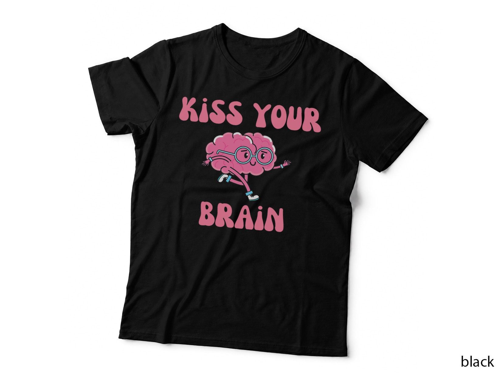 Kiss Your Brain Cartoon Brain in Glasses Teacher Inspiration T-Shirt
