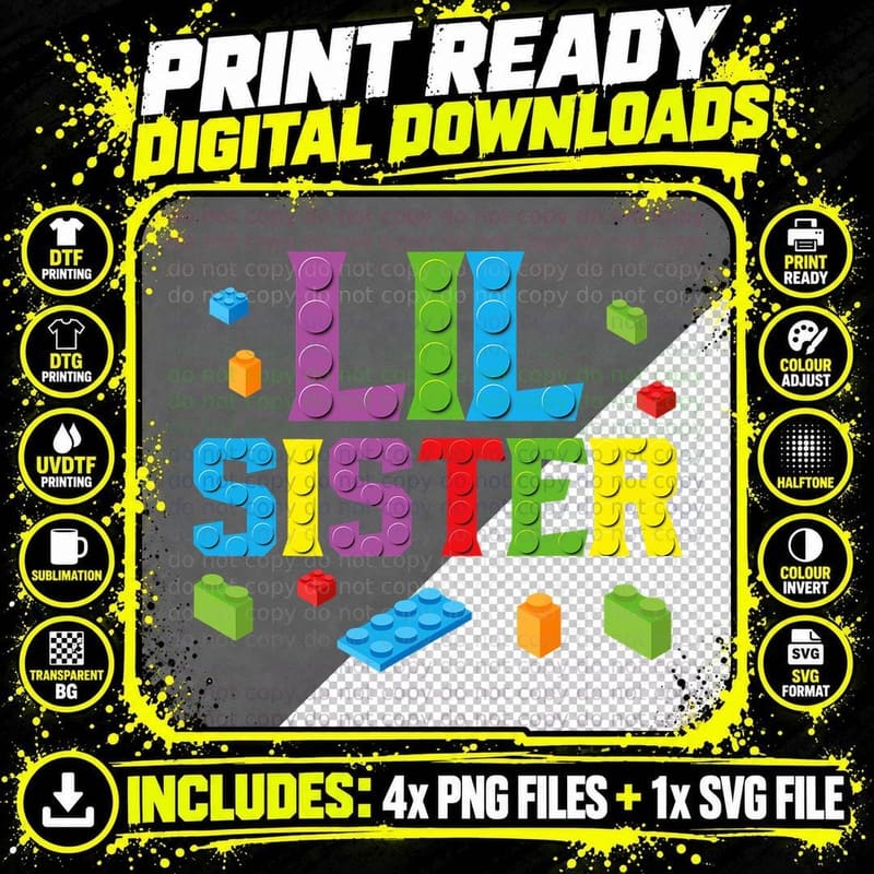Lil Sister Master Builder Building Bricks Blocks Family Png SVG Digital Bundle