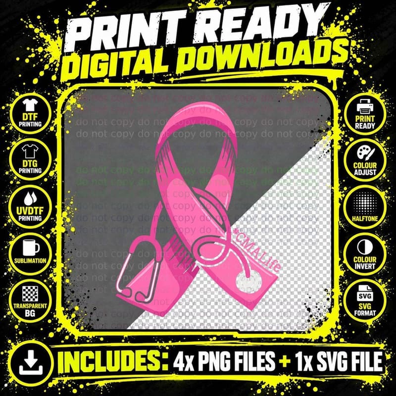 Nurse Breast Cancer Awareness Pink Ribbon Nursing CMA Png SVG Digital Bundle