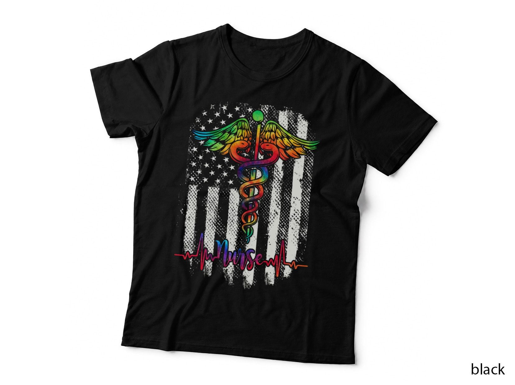 Nurse Caduceus Heartbeat T-Shirt, Pride Rainbow, Medical Staff Wear