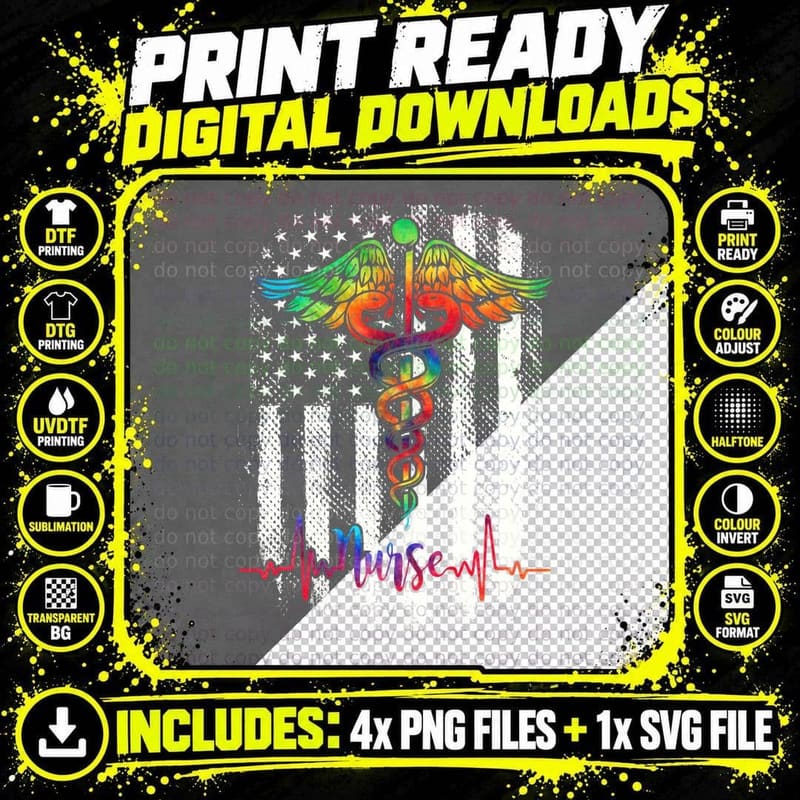 Nurse Caduceus Heartbeat T-Shirt, Pride Rainbow Png SVG Digital Bundle