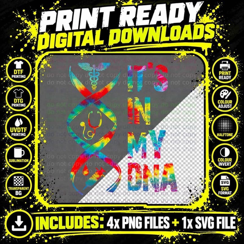 Nurse DNA T-Shirt, Tie-Dye Style, Medical Professional Png SVG Digital Bundle