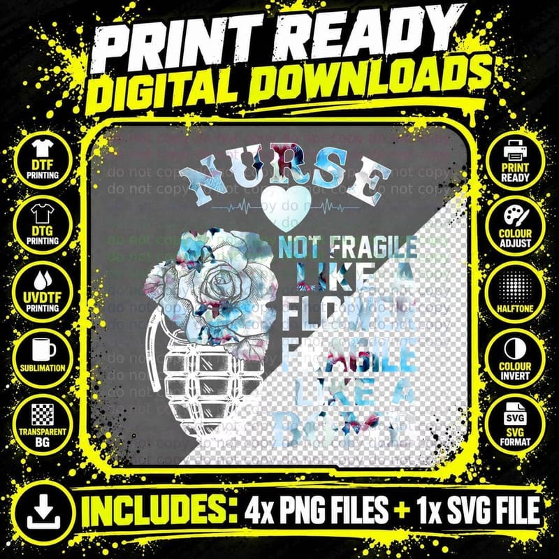 Nurse Fragile Like a Bomb T-Shirt, Typography Art Png SVG Digital Bundle