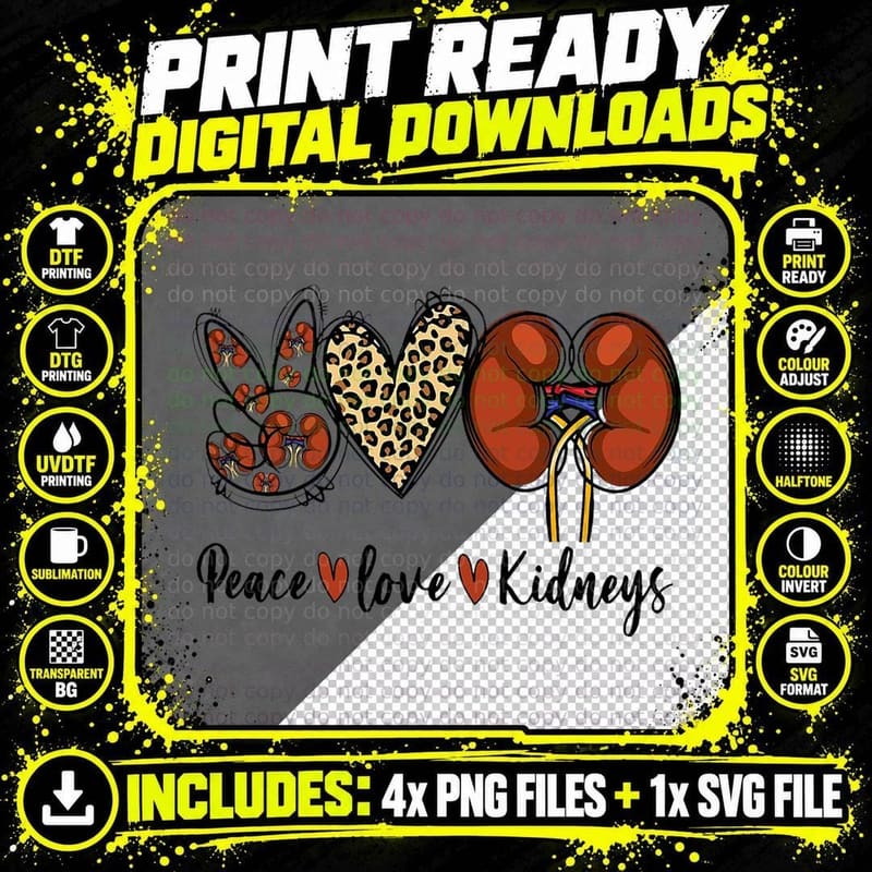 Peace Love Kidneys Leopard Dialysis Nurse Kidney Png SVG Digital Bundle