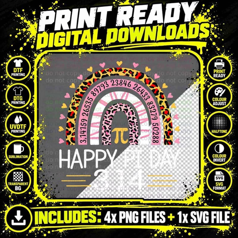 Pi Day Leopard Rainbow T-Shirt, Math Teacher Gift Png SVG Digital Bundle
