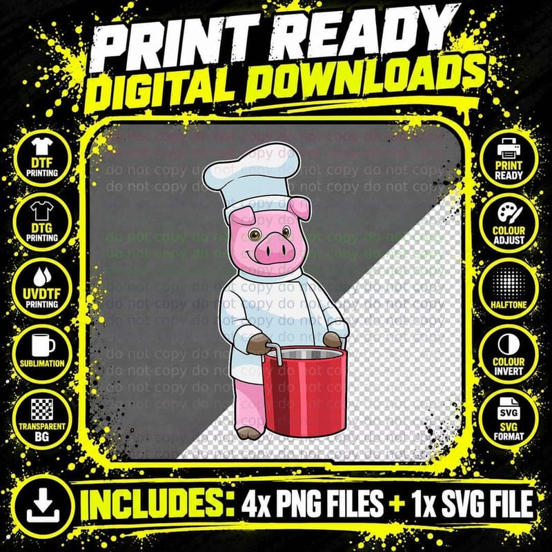 Pig Chef Cooking Pot T-Shirt, Funny Animal Chef Png SVG Digital Bundle