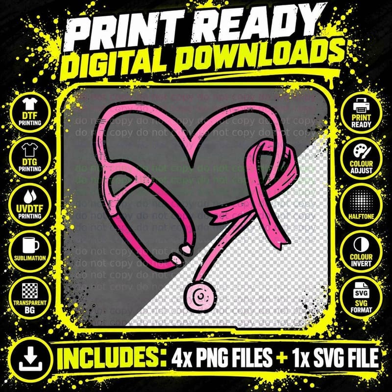 Pink Stethoscope Nurse Medical Breast Cancer Awareness Png SVG Digital Bundle