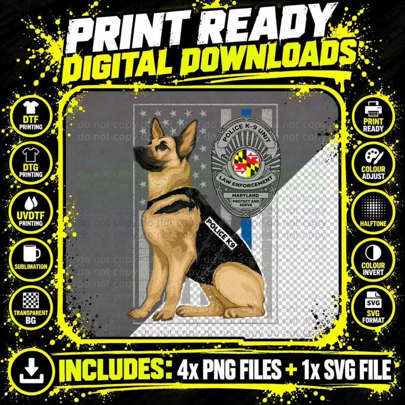 Police K9 German Shepherd Maryland K-9 Unit T-Shirt Png SVG Digital Bundle