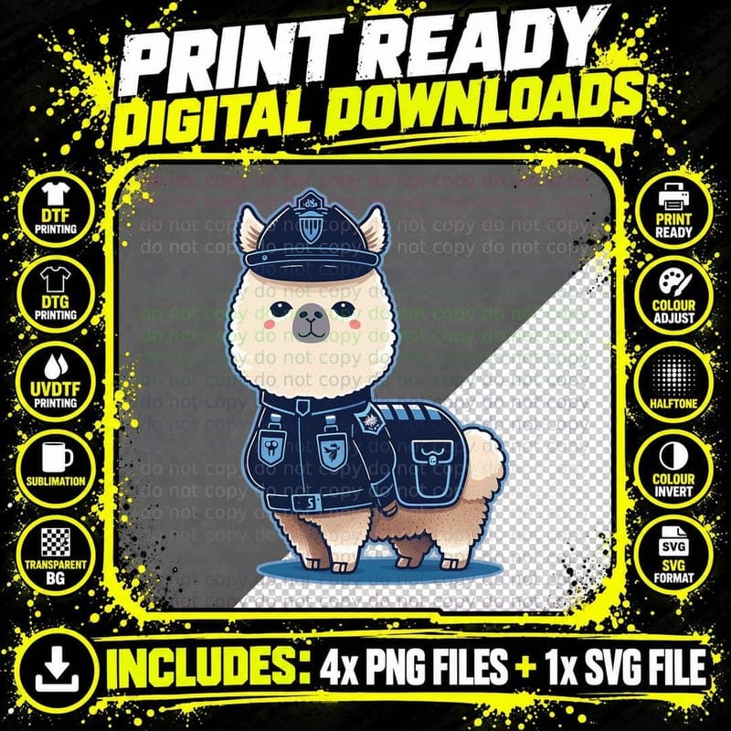 Police Officer Llama Cop on Police Alpaca T-Shirt Png SVG Digital Bundle