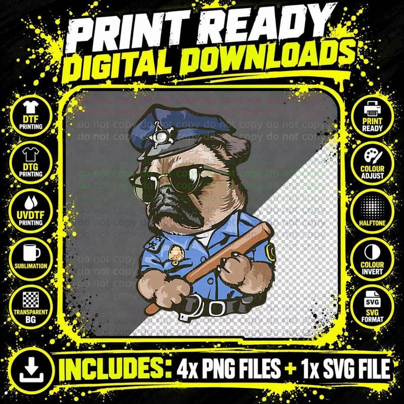 Pug Police Officer T-Shirt, Funny Animal Pun Png SVG Digital Bundle