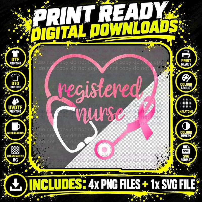 Registered Nurse Heart Stethoscope Pink Ribbon Breast Png SVG Digital Bundle