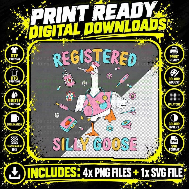 Registered Silly Goose Groovy Nurse Medical Doodles Png SVG Digital Bundle