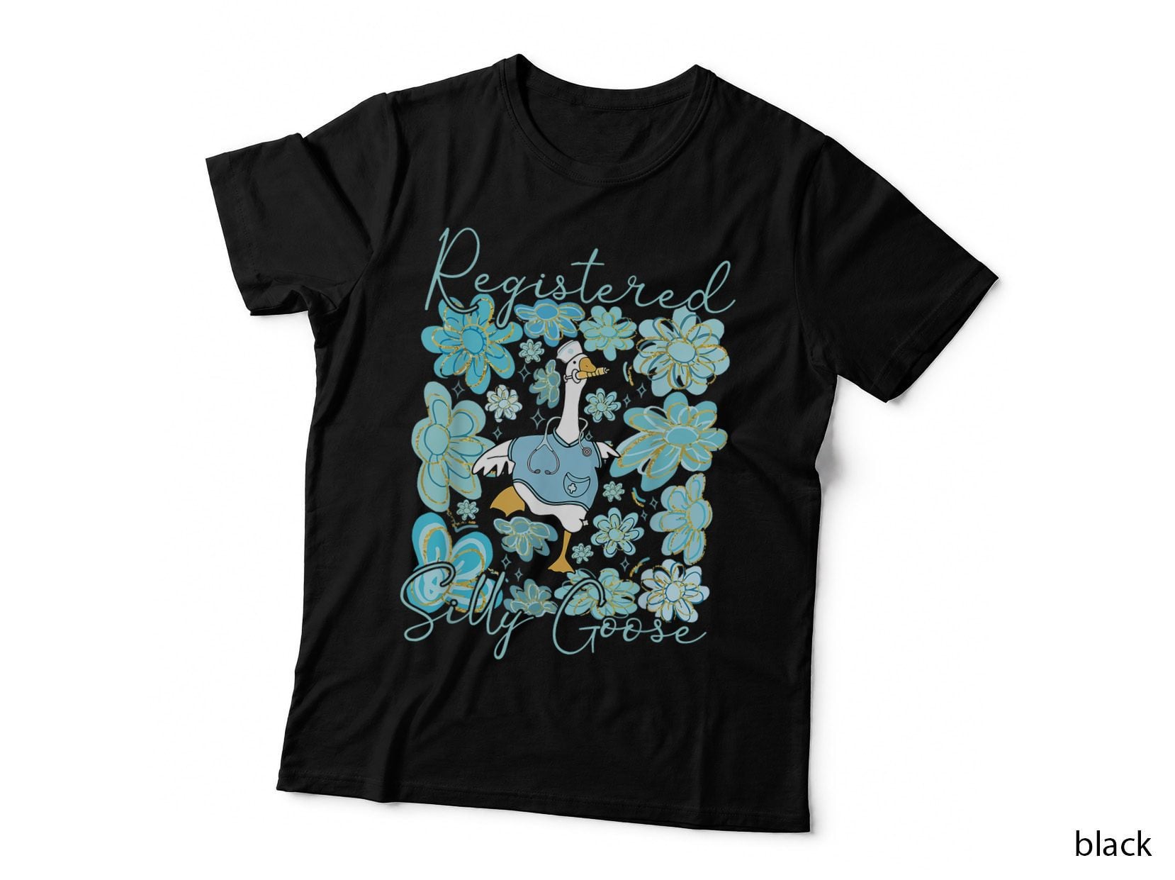 Registered Silly Goose Nurse Floral Spring Blue Flowers T-Shirt