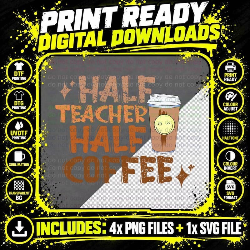 Retro Groovy Half Teacher Half Coffee Happy Teacher's Png SVG Digital Bundle