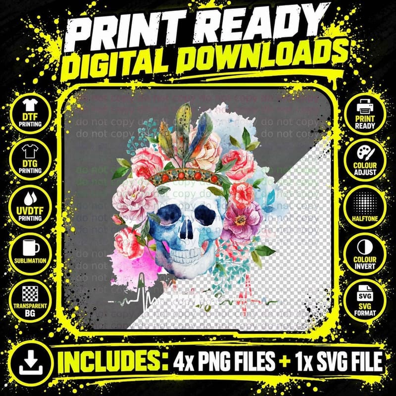Skull Nurse with Flowers T-Shirt, Floral Botanical Png SVG Digital Bundle