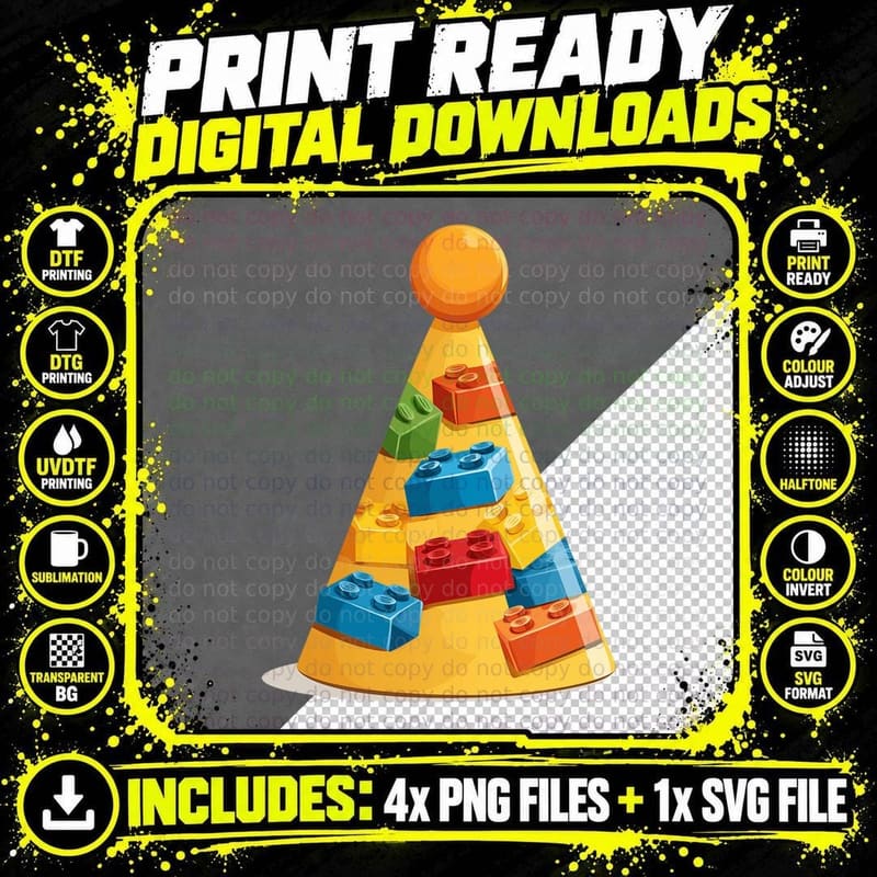 Smooth Bricks Party Hat Birthday Building Block Builder Png SVG Digital Bundle