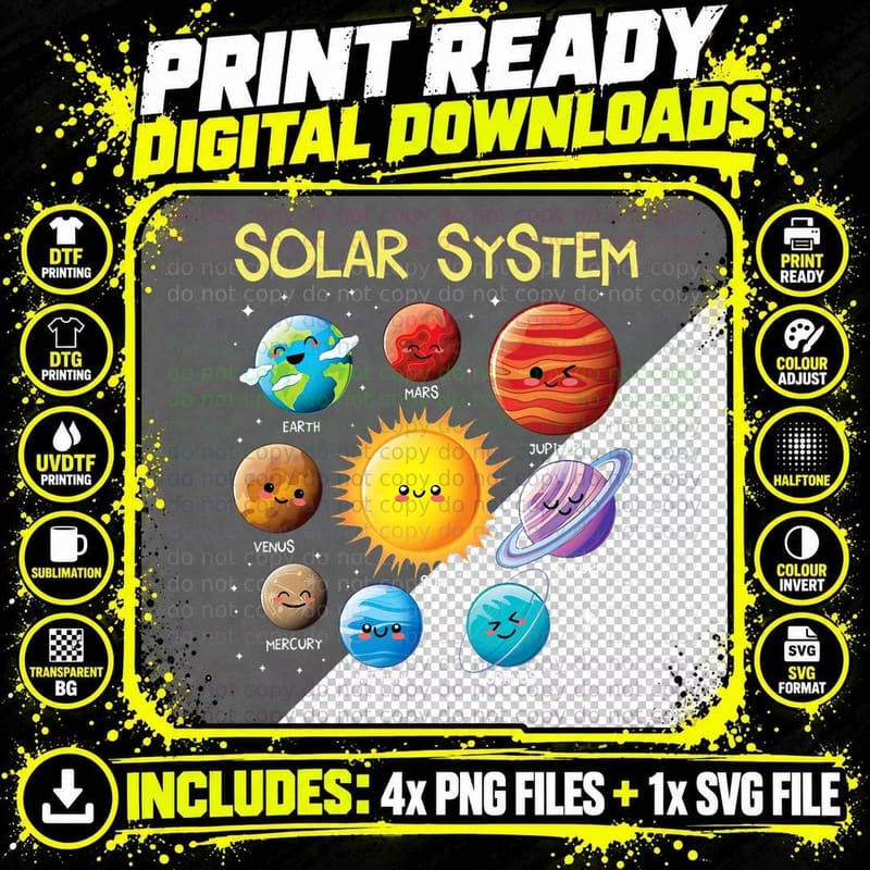 Solar System Cute Face Planets Space Science Teacher Png SVG Digital Bundle