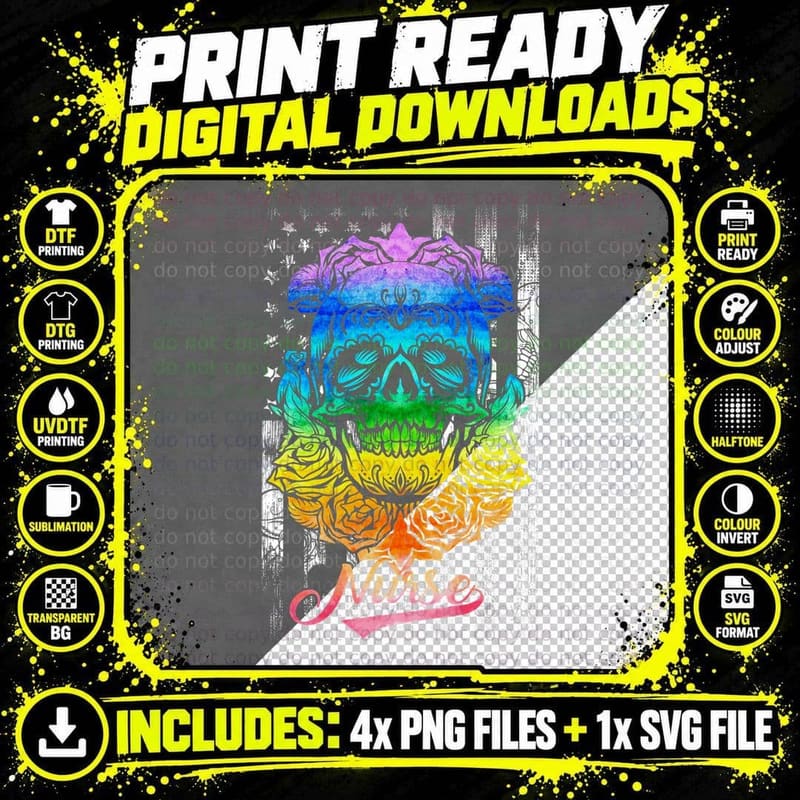 Sugar Skull Nurse T-Shirt, Colorful Tattoo Art Png SVG Digital Bundle