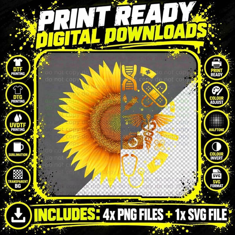 Sunflower Nurse Heartbeat T-Shirt, Floral Botanical Png SVG Digital Bundle