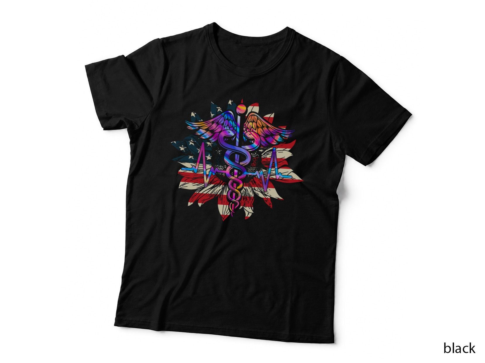 Sunflower Nurse T-Shirt, Nurse Caduceus Print, Medical Appreciation