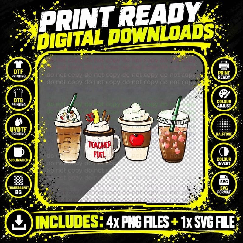Teacher Fuel Coffee Teacher Appreciation Back to School Png SVG Digital Bundle