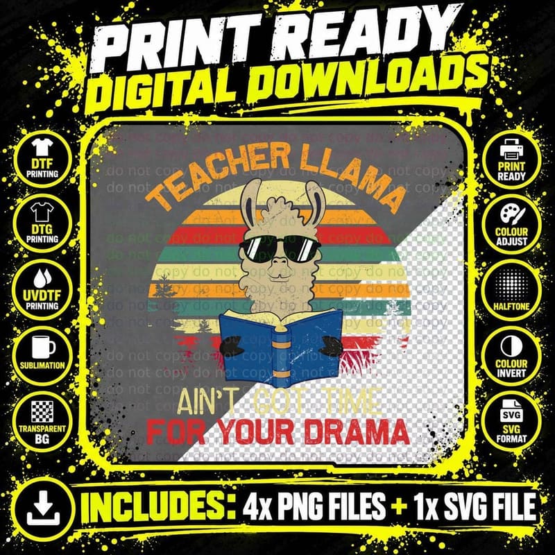 Teacher Llama T-Shirt, Vintage Retro Style, Funny Sarcasm Png SVG Digital Bundle