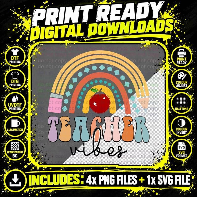 Teacher Rainbow Apple T-Shirt, Retro Groovy Style Png SVG Digital Bundle