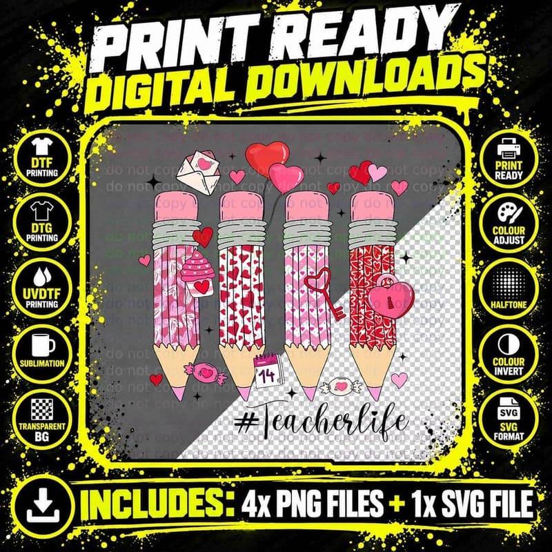 Teacher Valentines Day Hearts Pencils Teaching Png SVG Digital Bundle