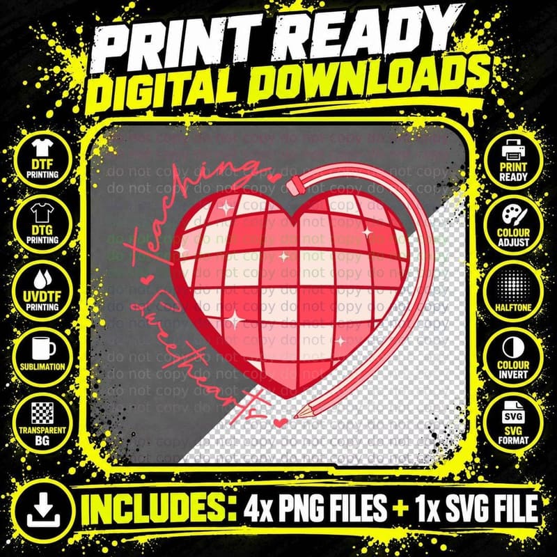 Teacher Valentines Day Retro Disco Heart Teaching Png SVG Digital Bundle