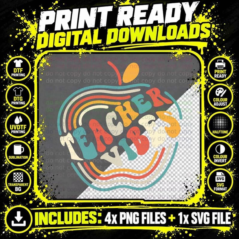 Teacher Vibes Retro First 1st Day of School Back to Png SVG Digital Bundle