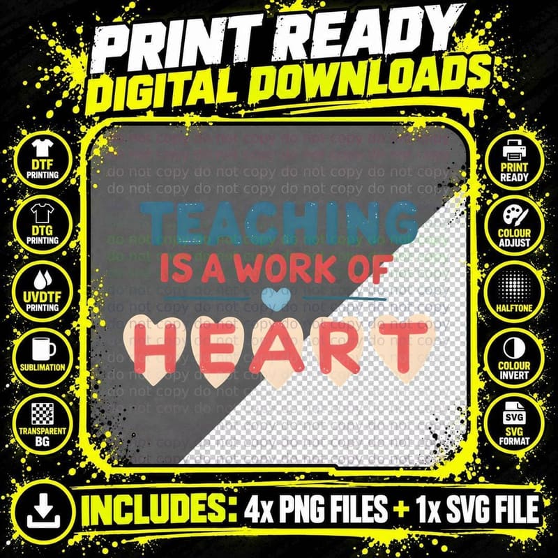 Teacher Work of Heart Beige Heart Letters Symmetrical Png SVG Digital Bundle