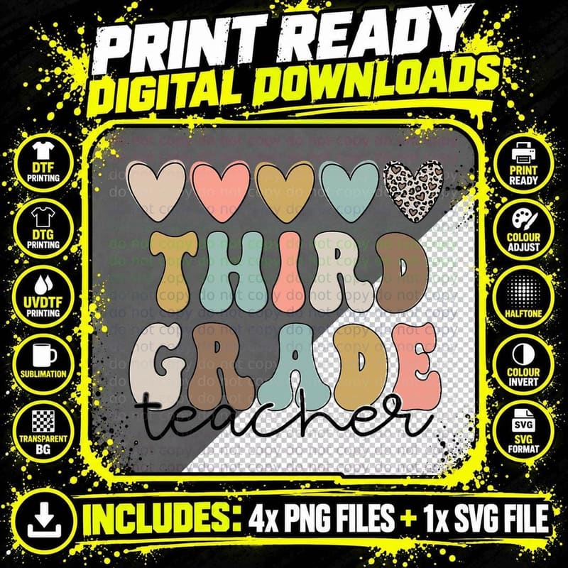 Third Grade Teacher Retro First Day of School Teacher Png SVG Digital Bundle
