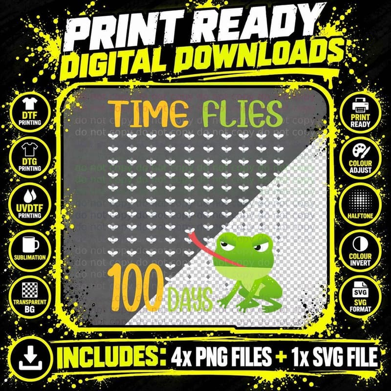 Time Flies 100 Days School Frog Fly 100th Day Teacher Png SVG Digital Bundle