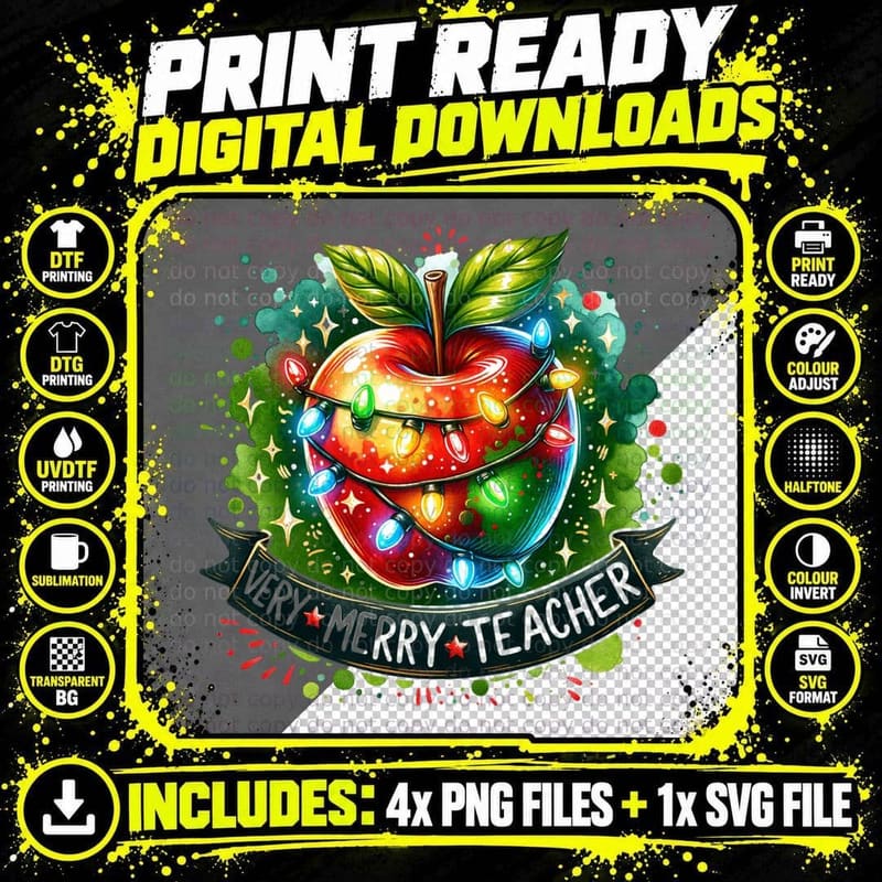 Very Merry Teacher Apple, Vintage Retro, Funny Png SVG Digital Bundle