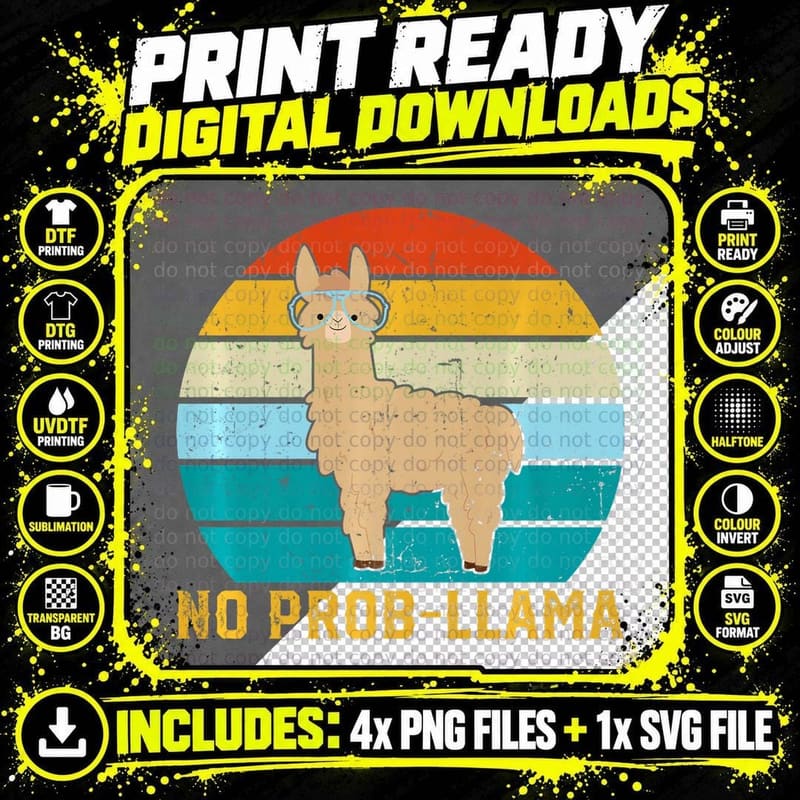 Vintage Llama Alpaca Funny Math Teacher No Prob-Llama Png SVG Digital Bundle