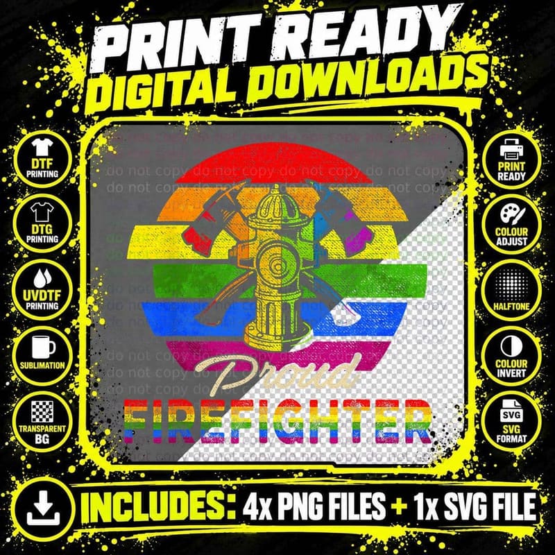 Vintage Retro Proud Firefighter Rainbow Flag Proud LGBT Png SVG Digital Bundle