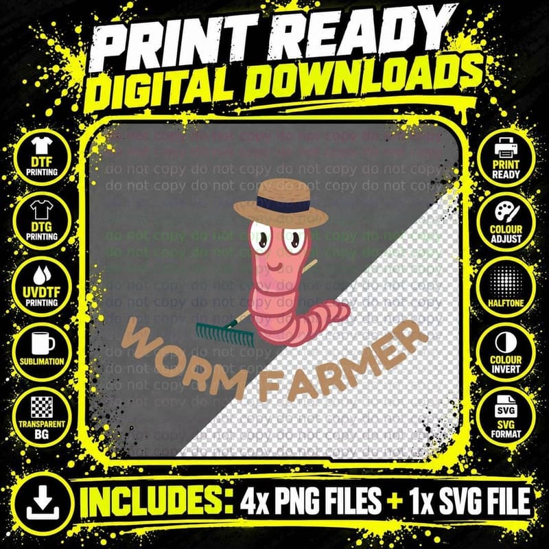 Worm Farmer Cartoon Tee, Cute Earthworm with Hat and Png SVG Digital Bundle