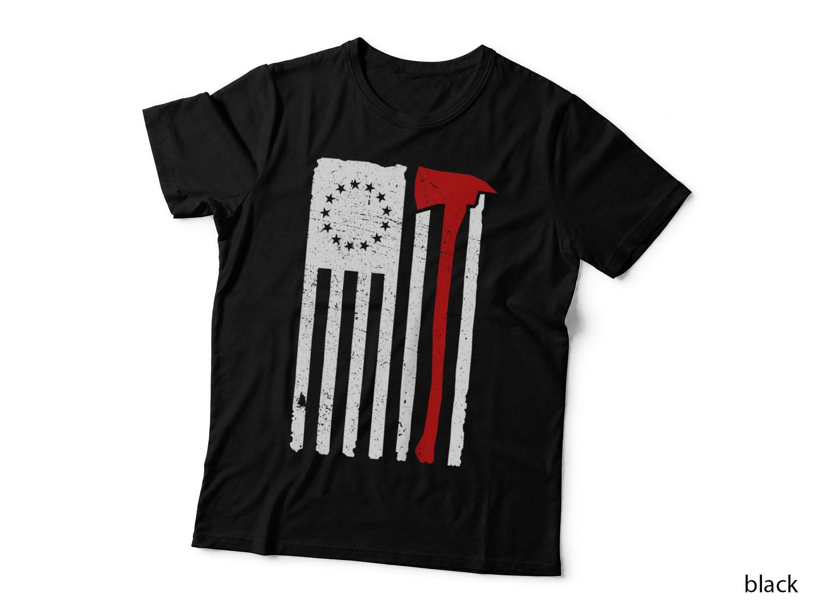 Betsy Ross Flag on Back Thin Red Line Firefighter Support T-Shirt