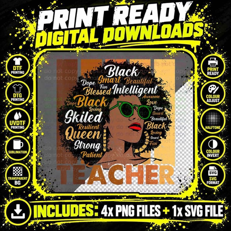 Black Woman Teacher Afro Melanin Cool Black History Png SVG Digital Bundle