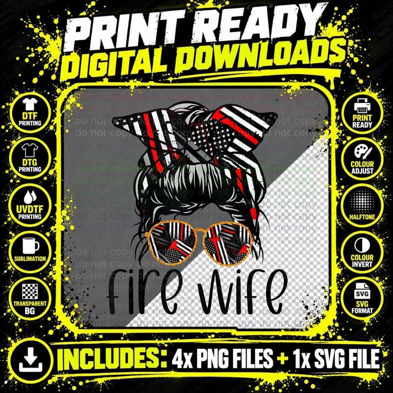 Cute Firefighter Fireman Wife Glasses Bandana Woman Flag Png SVG Digital Bundle