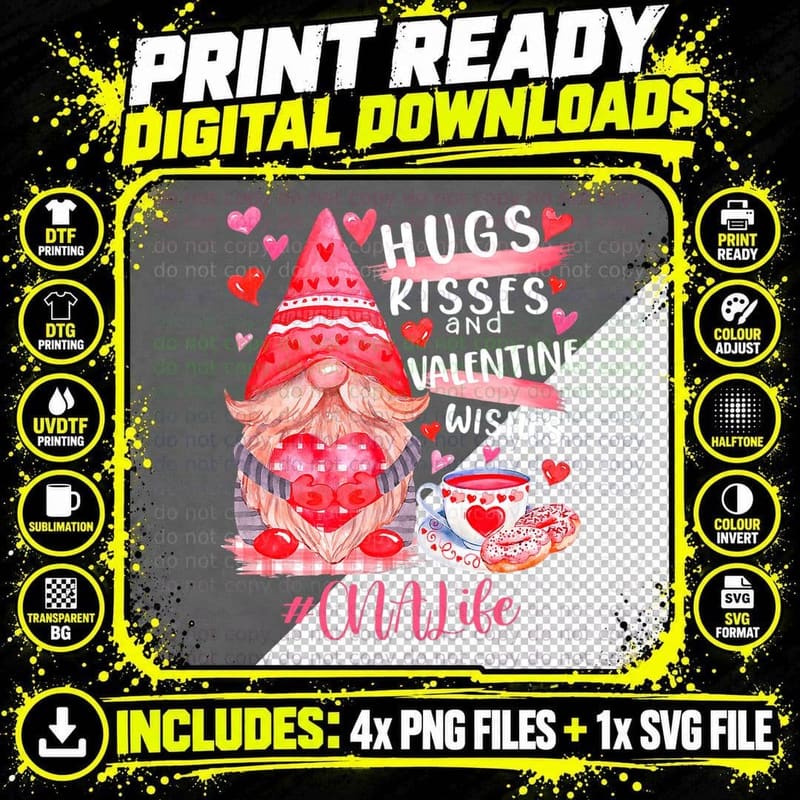 Cute Gnome Cna Life Nurse Hugs Kisses Valentines Day Png SVG Digital Bundle