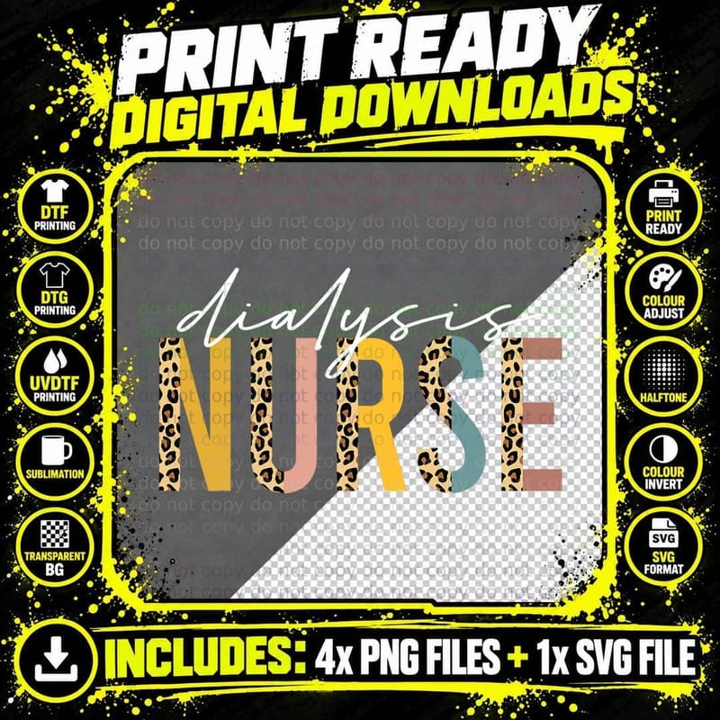Dialysis Nurse RN Nephrology Registered Leopard Kidney Png SVG Digital Bundle